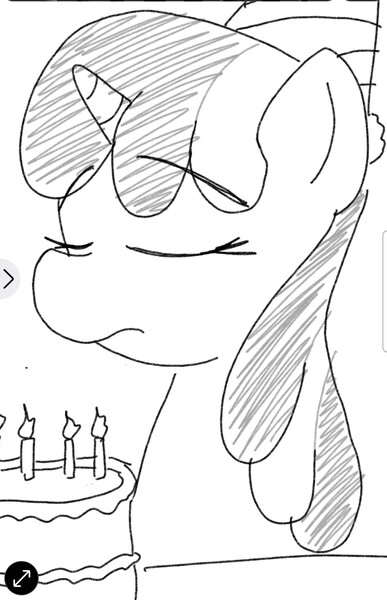 Size: 1080x1676 | Tagged: safe, artist:datte-before-dawn, ponerpics import, oc, oc:righty tighty, unofficial characters only, pony, unicorn, birthday, birthday cake, cake, eyes closed, female, food, hat, horn, image, jpeg, mare, monochrome, party hat, solo