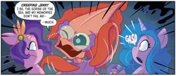 Size: 1334x574 | Tagged: safe, artist:amy mebberson, derpibooru import, idw, izzy moonbow, pipp petals, seapony (g4), squid, g5, spoiler:comic, spoiler:g5comic, creeping jenny, dialogue, emanata, female, gasp, image, jpeg, my little pony: set your sail, onomatopoeia, seaponified, seapony izzy moonbow, seapony pipp petals, set your sail #3, species swap, speech bubble, trio