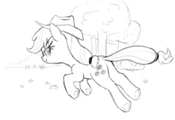 Size: 1050x723 | Tagged: safe, artist:axlearts, ponerpics import, applejack, earth pony, pony, cowboy hat, female, hat, image, looking at you, looking back, looking back at you, mare, monochrome, orchard, png, running, solo, stetson, tree, underhoof