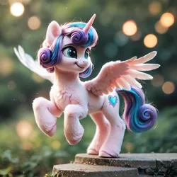 Size: 2048x2048 | Tagged: safe, ai content, derpibooru import, generator:midkemia v10, machine learning generated, prompter:scarlet ribbon, princess flurry heart, alicorn, pony, bokeh, foal, image, png, spread wings, wings