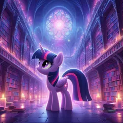 Size: 1024x1024 | Tagged: safe, ai content, derpibooru import, machine learning generated, prompter:nightofcore, twilight sparkle, twilight sparkle (alicorn), alicorn, pony, g4, bangs, book, candle, eyelashes, female, folded wings, generator:bing image creator, generator:dall-e 3, horn, image, indoors, jpeg, library, looking up, mare, solo, standing, wings