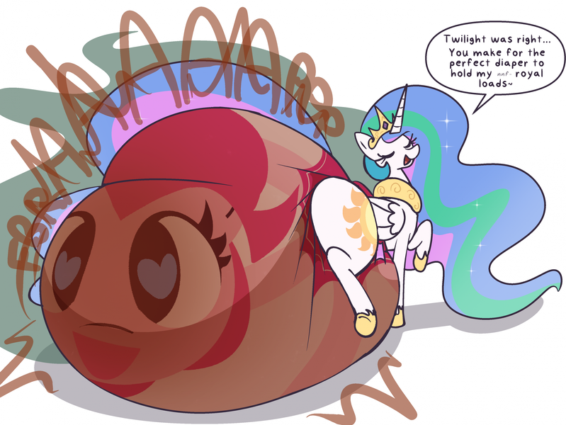 Size: 2215x1664 | Tagged: questionable, artist:shslsadcat, derpibooru import, pinkie pie, princess celestia, alicorn, pony, crown, dialogue, diaper, diaper fetish, diaper tf, diaper usage, eyes closed, female, fetish, full diaper, heart, heart eyes, hoof shoes, hyper scat, image, impossibly large diaper, inanimate tf, jewelry, mare, messy diaper, non-baby in diaper, onomatopoeia, open mouth, open smile, peytral, png, poofy diaper, poop, pooping, poopy diaper, princess shoes, regalia, scat, simple background, smiling, speech bubble, transformation, using diaper, white background, wingding eyes