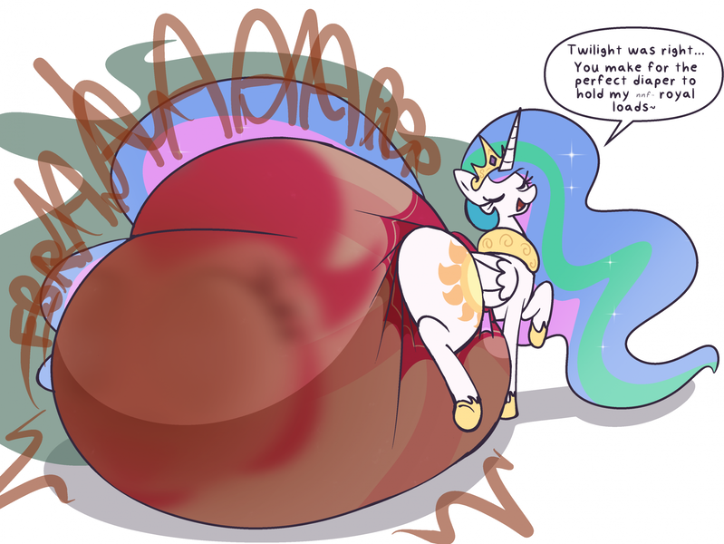 Size: 2215x1664 | Tagged: questionable, alternate version, artist:shslsadcat, derpibooru import, pinkie pie, princess celestia, alicorn, pony, crown, dialogue, diaper, diaper fetish, diaper tf, diaper usage, eyes closed, female, fetish, full diaper, hoof shoes, hyper scat, image, impossibly large diaper, inanimate tf, jewelry, mare, messy diaper, non-baby in diaper, onomatopoeia, open mouth, open smile, peytral, png, poofy diaper, poop, pooping, poopy diaper, princess shoes, regalia, scat, simple background, smiling, speech bubble, transformation, using diaper, white background