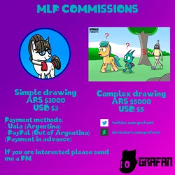 Size: 2500x2500 | Tagged: safe, artist:gradiusfanatic, derpibooru import, hitch trailblazer, raven, sparky sparkeroni, dragon, earth pony, robot, unicorn, g5, advertisement, commission, commission info, female, gradient background, horn, image, male, png