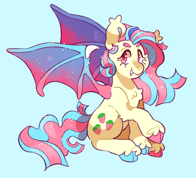 Size: 1995x1814 | Tagged: safe, artist:cocopudu, derpibooru import, oc, oc:sour kid, unofficial characters only, bat pony, pony, artfight, bat pony oc, bat wings, blue background, candy, cheek fluff, chest fluff, cloven hooves, coat markings, colored eyebrows, colored hooves, colored muzzle, colored pinnae, colored pupils, colored wings, cream coat, ear tufts, edible mane, edible tail, eyelashes, facial markings, fangs, food, gift art, hock fluff, hooves, image, long mane, long tail, looking away, mismatched hooves, multicolored hooves, multicolored wings, multicolored wingtips, pink eyes, pink pupils, png, raised hoof, simple background, sitting, slit pupils, smiling, snip (coat marking), solo, sparkly mane, sparkly tail, spread wings, straight mane, straight tail, tail, two toned mane, two toned pinnae, two toned tail, unshorn fetlocks, watermark, wings