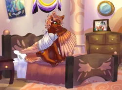 Size: 3017x2237 | Tagged: safe, artist:malinraf1615, derpibooru import, oc, oc:golden flare, ponified, pegasus, pony, bandage, bedroom, broken bone, broken wing, cast, colored hooves, colored wings, commission, freckles, grooming, hooves, image, injured, male, nonbinary, pegasus oc, photo, png, preening, short tail, sling, species swap, stallion, tail, unshorn fetlocks, wings