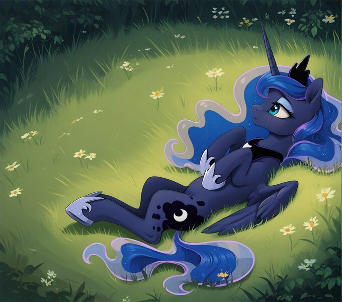 Size: 1160x1024 | Tagged: safe, ai content, derpibooru import, machine learning generated, princess luna, g4, forest, image, jpeg, nature, tree