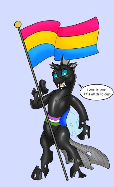 Size: 1486x2436 | Tagged: safe, artist:termyotter, derpibooru import, oc, oc:macrophage, changeling, bipedal, image, jpeg, pansexual pride flag, pride, pride flag, solo