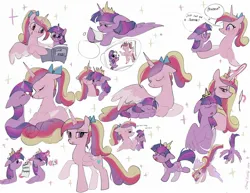 Size: 2048x1583 | Tagged: safe, artist:petaltwinkle, derpibooru import, princess cadance, twilight sparkle, twilight sparkle (alicorn), alicorn, pony, unicorn, g4, backwards cutie mark, bags under eyes, big eyes, blue bow, blushing, book, boop, bow, colored, colored sketch, colored wings, colored wingtips, cross-popping veins, crown, curly mane, curly tail, cute, cutedance, daaaaaaaaaaaw, doodle dump, doodle page, drool, duo, duo female, emanata, eye clipping through hair, eyebrows, eyebrows visible through hair, eyelashes, eyes closed, facing each other, female, filly, filly twilight sparkle, flat colors, floppy ears, flying, folded wings, frown, glasses, glow, glowing horn, hair bow, height difference, hoof hold, horn, image, jewelry, jpeg, lidded eyes, long horn, looking at each other, looking at someone, looking at something, lying down, magic, mare, multicolored mane, multicolored tail, narrowed eyes, noseboop, nuzzling, open book, open mouth, open smile, peytral, photo, pink coat, pink wingtips, ponytail, pouting, profile, prone, purple coat, purple eyes, purple magic, quill pen, raised hoof, raised leg, reading, regalia, round glasses, shiny eyes, sibling love, simple background, sisterly love, sisters-in-law, sketch, sketch dump, sleeping, smiling, smiling at each other, sparkles, spread wings, standing, straight mane, straight tail, sweet dreams fuel, tail, telekinesis, text, three toned mane, three toned tail, tiara, tied mane, tired eyes, tired twilight, tri-color mane, tri-color tail, tri-colored mane, tri-colored tail, tricolor mane, tricolor tail, tricolored mane, tricolored tail, twiabetes, two toned wings, unicorn horn, unicorn twilight, wall of tags, white background, wing shelter, wings, young cadance, younger