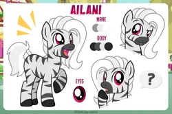 Size: 1100x732 | Tagged: safe, artist:jennieoo, derpibooru import, oc, oc:ailani, pony, zebra, commission, confused, curious, eye, eyes, fangs, image, png, question mark, reference sheet, show accurate, smiling, solo, vector