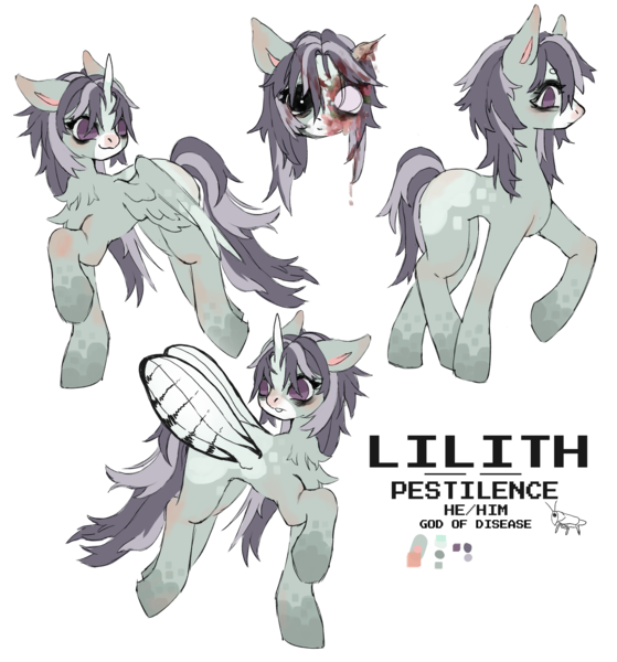 Size: 2651x2843 | Tagged: semi-grimdark, artist:hinemu, derpibooru import, oc, oc:lilith, unofficial characters only, pegasus, pony, image, pegasus oc, png, pronouns, reference sheet, simple background, white background, wings