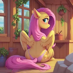 Size: 2844x2844 | Tagged: source needed, suggestive, ai content, derpibooru import, machine learning assisted, machine learning generated, prompter:tayblossom, stable diffusion, fluttershy, pegasus, pony, g4, back, blushing, butt, clothes, female, generator:pony diffusion v6 xl, image, looking at you, looking back, looking back at you, mare, panties, partially open wings, plot, png, potted plant, rear view, sitting, sitting on floor, solo, spread wings, thong, underwear, wings