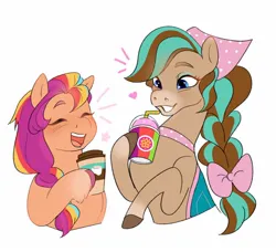 Size: 1416x1292 | Tagged: safe, artist:aztrial, derpibooru import, sunny starscout, earth pony, horse, pony, g5, cocoa (wild manes), coffee, coffee cup, crossover, cup, drink, duo, heart, image, jpeg, mane stripe sunny, simple background, smiling, smoothie, white background, wild manes