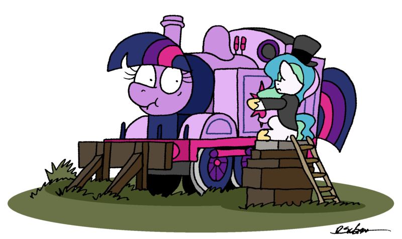 Size: 2122x1264 | Tagged: safe, artist:bobthedalek, derpibooru import, princess celestia, twilight sparkle, alicorn, pony, g4, atg 2024, clothes, crossover, duo, duo female, female, hat, image, inanimate tf, ladder, mare, newbie artist training grounds, png, sir topham hatt, steam train, suit, thomas the tank engine, top hat, train, trainified, transformation