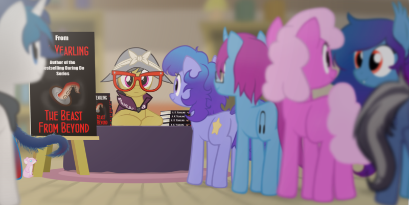 Size: 2282x1148 | Tagged: safe, artist:equestriaexploration, derpibooru import, a.k. yearling, oc, oc:blueberry pie, oc:procellus, oc:quiet brook, oc:silent soundwave, mouse, pony, atg 2024, book, image, newbie artist training grounds, png, the beast from beyond