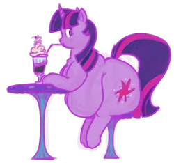 Size: 862x808 | Tagged: safe, artist:polofastter, artist:secretgoombaman12345, derpibooru import, twilight sparkle, pony, unicorn, ask chubby diamond, g4, butt, chair, drink, drinking, fat, female, horn, image, large butt, mare, milkshake, mushroom, obese, png, profile, simple background, sitting, solo, straw, table, transparent background, twibutt, twilard sparkle, unicorn twilight