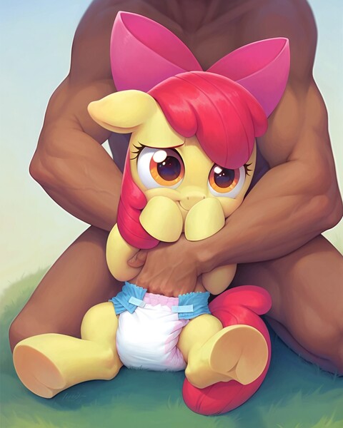 Size: 1184x1480 | Tagged: suggestive, ai content, derpibooru import, machine learning generated, prompter:cayuse, stable diffusion, apple bloom, human, pony, g4, age difference, apple bloom's bow, bow, dark skin, diaper, diaper fetish, dubious consent, duo, duo male and female, faceless human, faceless male, female, fetish, filly, foal, foalcon, fondling, generator:pony diffusion v6 xl, hair bow, hand in diaper, hug, human male, human male on filly, human on filly action, human on pony action, image, interspecies, jpeg, male, male and female, molestation, non-baby in diaper, nudity, offscreen character, offscreen male, personal space invasion, sitting, size difference, straight, tail, underage