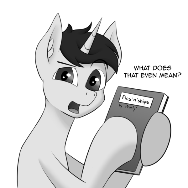 Size: 2000x2000 | Tagged: safe, artist:pearly* marshmallow, derpibooru import, oc, oc:pearly* marshmallow, unofficial characters only, pony, unicorn, book, horn, image, looking at you, male, monochrome, png, solo, solo male, stallion