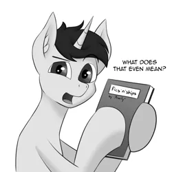 Size: 2000x2000 | Tagged: safe, artist:pearly* marshmallow, derpibooru import, oc, oc:pearly* marshmallow, unofficial characters only, pony, unicorn, book, horn, image, looking at you, male, monochrome, png, solo, solo male, stallion