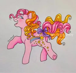 Size: 2890x2781 | Tagged: safe, artist:dariarchangel, derpibooru import, part of a set, stripes (g1), earth pony, pony, g1, blue eyes, bow, curly hair, curly mane, curly tail, cute, female, g1betes, hoof heart, image, jpeg, mare, multicolored hair, old art, open mouth, open smile, pink coat, rainbow curl pony, rainbow hair, raised hoof, simple background, smiling, solo, standing on two hooves, tail, tail bow, three toned hair, three toned mane, three toned tail, toy interpretation, traditional art, underhoof