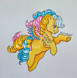 Size: 2588x2607 | Tagged: safe, artist:dariarchangel, derpibooru import, part of a set, ringlet (g1 rainbow curl), pegasus, pony, g1, alternative cutie mark placement, bow, colored wings, curly hair, curly mane, curly tail, cute, female, flying, g1betes, hoof heart, image, jpeg, looking up, mare, multicolored hair, multicolored mane, multicolored tail, multicolored wings, old art, purple eyes, rainbow curl pony, rainbow hair, simple background, smiling, solo, tail, tail bow, three toned tail, traditional art, underhoof, wings, yellow coat