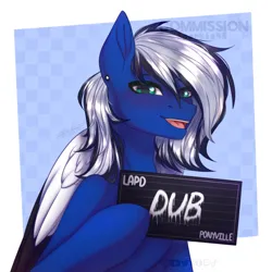 Size: 1000x1000 | Tagged: safe, artist:sparkie45, derpibooru import, oc, oc:dub light, unofficial characters only, pegasus, pony, barbie mugshot meme, black and white mane, black wingtips, blue coat, blushing, bust, checkered background, colored pupils, colored wings, colored wingtips, commission, commission example, commission open, countershading, ear piercing, earring, folded wings, green eyes, green pupils, hoof hold, image, jewelry, lidded eyes, male, male oc, meme, mugshot, open mouth, open smile, pegasus oc, piercing, png, shiny mane, signature, smiling, solo, stallion, stallion oc, two toned mane, two toned wings, watermark, white mane, white wings, wings