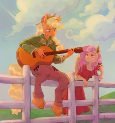 Size: 1309x1400 | Tagged: safe, artist:abbytabbys, derpibooru import, applejack, fluttershy, anthro, bat pony, earth pony, pony, unguligrade anthro, g4, acoustic guitar, apple, applejack's hat, bat ponified, blonde mane, blonde tail, blue sky, blush lines, blushing, brown eyelashes, clothes, cloud, collared shirt, colored eyebrows, colored eyelashes, colored hooves, colored pinnae, colored pupils, cowboy hat, day, detailed background, dress, duo, duo female, ear tufts, embroidery, eyebrows, eyebrows visible through hair, fangs, female, fence, fetlock tuft, filigree, flutterbat, food, freckles, grass, green eyes, green pupils, green shirt, guitar, hat, holding, hooves, image, jpeg, leaning forward, leaning on fence, lesbian, lidded eyes, looking at each other, looking at someone, looking up, mare, musical instrument, orange coat, orange hooves, outdoors, pants, partially open wings, pink mane, playing guitar, ponytail, race swap, red dress, red eyelashes, red eyes, red pupils, ship:appleshy, shipping, shirt, sitting, sitting on fence, smiling, smiling at each other, smiling at someone, stetson, tail, tall ears, tied mane, unshorn fetlocks, wall of tags, western shirt, wings, yellow coat