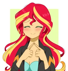 Size: 1646x1720 | Tagged: safe, artist:kittyrosie, derpibooru import, sunset shimmer, equestria girls, g4, blushing, clothes, cute, dress, eyes closed, female, image, jacket, jpeg, leather, leather jacket, passepartout, shimmerbetes, solo