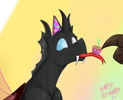 Size: 2306x1876 | Tagged: safe, artist:testostepone, derpibooru import, oc, oc:coxa, oc:t'zzet, unofficial characters only, changeling, anisocoria, birthday, changeling oc, cupcake, fangs, food, hat, image, male, no source available, party hat, png, red changeling, smiling, tongue out