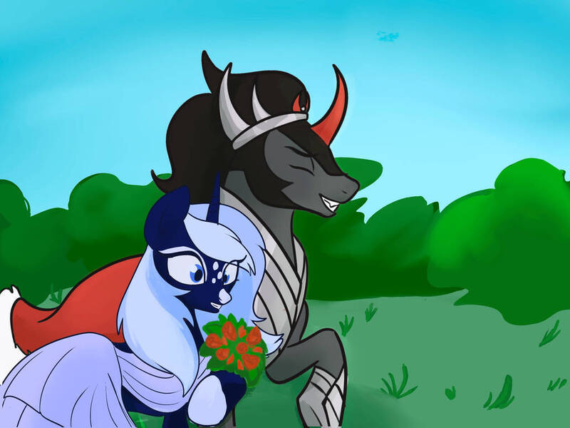 Size: 1032x774 | Tagged: safe, artist:amanecerlobo, derpibooru import, king sombra, oc, oc:dawn shade, pony, unicorn, canon x oc, clothes, couple, dress, duo, duo male and female, female, flower, horn, image, jpeg, male, mare, marriage, shipping, stallion