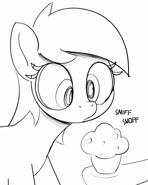 Size: 1860x2315 | Tagged: safe, artist:pabbley, derpibooru import, derpy hooves, pegasus, pony, g4, black and white, female, food, grayscale, hoof hold, hooves, image, mare, monochrome, muffin, pen drawing, png, simple background, sketch, sniffing, solo focus, traditional art, white background