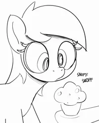 Size: 1860x2315 | Tagged: safe, artist:pabbley, derpibooru import, derpy hooves, pegasus, pony, g4, black and white, female, food, grayscale, hoof hold, hooves, image, mare, monochrome, muffin, pen drawing, png, simple background, sketch, sniffing, solo focus, traditional art, white background