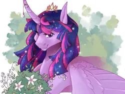 Size: 4000x3000 | Tagged: safe, artist:cerulean-crow, derpibooru import, twilight sparkle, twilight sparkle (alicorn), alicorn, pony, bouquet, bust, crown, curved horn, ethereal mane, female, flower, high res, horn, horn jewelry, image, jewelry, jpeg, looking at you, mare, new crown, regalia, smiling, smiling at you, solo, starry mane, wings, wings down