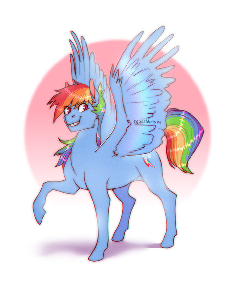 Size: 1335x1681 | Tagged: safe, artist:equeslibrium, derpibooru import, rainbow dash, pegasus, pony, image, jpeg, raised hoof, simple background, smiling, solo, spread wings, wings