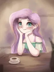 Size: 2048x2732 | Tagged: safe, artist:musical ray, derpibooru import, fluttershy, human, equestria girls, g4, cup, hands on face, happy, humanized, image, indoors, png, rosy cheeks, signature, sitting, smiling, solo, table, teacup