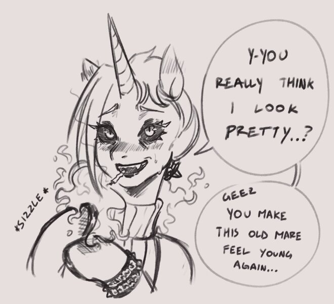 Size: 1076x978 | Tagged: safe, artist:nire, derpibooru import, oc, oc:dyx, pony, black sclera, blushing, bracelet, cigarette, clothes, dialogue, ear blush, embarrassed, female, hooves, horn, image, jpeg, mare, older, older dyx, shy, slit pupils, spiked wristband, sweat, sweatdrop, sweater, text, turtleneck, wristband