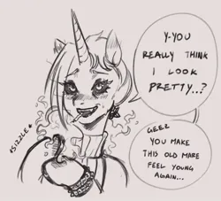 Size: 1076x978 | Tagged: safe, artist:nire, derpibooru import, oc, oc:dyx, pony, black sclera, blushing, bracelet, cigarette, clothes, dialogue, ear blush, embarrassed, female, hooves, horn, image, jpeg, mare, older, older dyx, shy, slit pupils, spiked wristband, sweat, sweatdrop, sweater, text, turtleneck, wristband