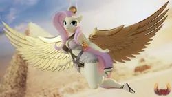 Size: 3840x2160 | Tagged: safe, alternate version, artist:loveslove, derpibooru import, fluttershy, anthro, pegasus, plantigrade anthro, g4, africa, alternate character, belly, belly button, blurry background, breasts, bronze age, busty fluttershy, clothes, egypt, feet, female, high res, image, nail polish, north africa, png, pyramid, sahara desert, sandals, solo, toenail polish, wings