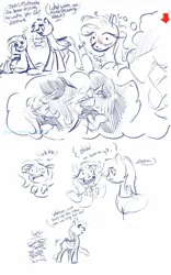 Size: 800x1280 | Tagged: safe, artist:eversowillow, derpibooru import, fluttershy, rainbow dash, pegasus, pony, g4, blushing, chest fluff, comic, dialogue, dream, female, image, imminent kissing, jpeg, mare, monster, sketch, speech bubble, thought bubble