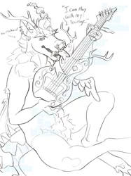 Size: 1535x2048 | Tagged: safe, artist:eversowillow, derpibooru import, discord, anthro, draconequus, g4, alternate design, black and white, bridge piercing, dialogue, ear piercing, earring, electric guitar, eyebrow piercing, grayscale, guitar, horn, horn ring, image, jewelry, jpeg, lip piercing, lip ring, male, monochrome, musical instrument, nudity, piercing, playing instrument, pubic fluff, ring, sitting, sketch, solo, speech bubble, tongue piercing, watermark