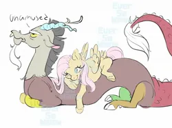 Size: 2048x1535 | Tagged: safe, artist:eversowillow, derpibooru import, discord, fluttershy, draconequus, pegasus, pony, g4, discoshy, duo, female, image, jpeg, male, mare, role reversal, shipping, simple background, straight, unamused, unshorn fetlocks, watermark, white background