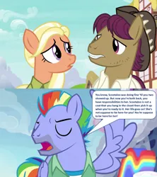 Size: 1280x1440 | Tagged: artist needed, safe, anonymous artist, derpibooru import, edit, edited screencap, screencap, bow hothoof, mane allgood, snap shutter, pegasus, pony, g4, parental glideance, the last problem, angry, calling out, clothes, comic, eyes closed, female, gritted teeth, hat, headcanon, headcanon in the description, image, implied scootaloo, jacket, lecture, looking at each other, looking at someone, lou smith, male, mare, open mouth, png, reference in the description, reference to another series, scolding, speech, stallion, talking, teeth, text, text box, the fresh prince of bel-air, trio, uncle phil, wing hands, wings, worried