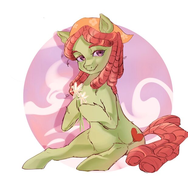 Size: 2038x1977 | Tagged: safe, artist:g5p7r, derpibooru import, tree hugger, earth pony, pony, g4, abstract background, female, flower, image, jpeg, mare, sitting, solo