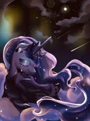 Size: 1522x2048 | Tagged: safe, artist:g5p7r, derpibooru import, princess luna, alicorn, pony, g4, cloud, crying, female, hoof shoes, image, jewelry, jpeg, mare, night, on a cloud, peytral, regalia, shooting star, solo, stars