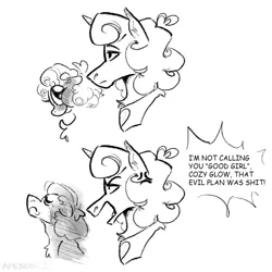 Size: 1500x1500 | Tagged: safe, artist:amendokat, derpibooru import, cozy glow, princess flurry heart, alicorn, pegasus, pony, g4, 2 panel comic, angry, blush lines, blushing, bow, comic, cozy glow's bow, crying, curly hair, curly mane, dialogue, duo, duo female, female, hair bow, horn, i'm not calling you good boy, image, lesbian, mare, meme, older, older cozy glow, older flurry heart, open mouth, png, ponified meme, ship:cozyheart, shipping, simple background, text, unamused, white background