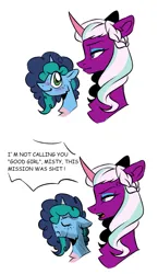 Size: 1553x2671 | Tagged: safe, artist:teaflower300, derpibooru import, alicorn, pony, unicorn, g5, 2 panel comic, blushing, chest fluff, comic, crying, duo, duo female, eyes closed, eyeshadow, female, freckles, horn, i'm not calling you good boy, image, jpeg, makeup, mare, markings, meme, misty brightdawn, opaline arcana, open mouth, sad, simple background, vulgar, white background