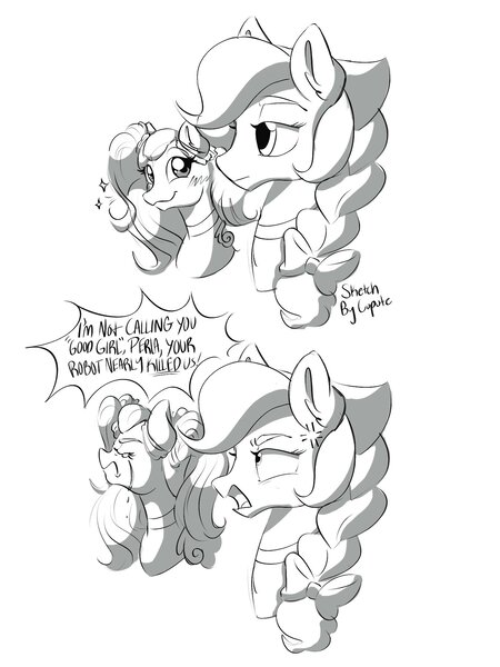 Size: 1536x2048 | Tagged: safe, artist:cupute, derpibooru import, pony, annoyed, cocoa (wild manes), cross-popping veins, crying, duo, emanata, eyes closed, i'm not calling you good boy, image, jpeg, meme, monochrome, open mouth, perla (wild manes), sad, simple background, white background, wild manes