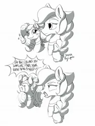 Size: 1536x2048 | Tagged: safe, artist:cupute, derpibooru import, pony, annoyed, cocoa (wild manes), cross-popping veins, crying, duo, emanata, eyes closed, i'm not calling you good boy, image, jpeg, meme, monochrome, open mouth, perla (wild manes), sad, simple background, white background, wild manes