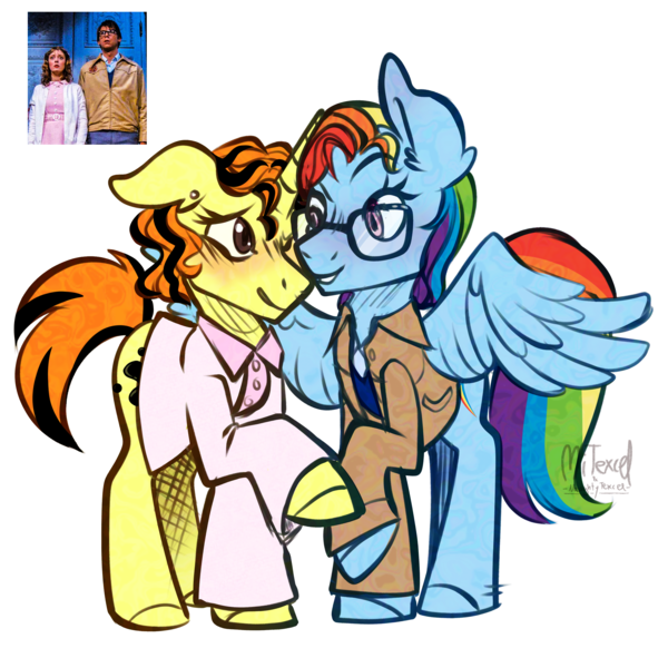 Size: 2700x2700 | Tagged: safe, artist:mitexcel, derpibooru import, rainbow dash, oc, oc:merille artienda, pegasus, pony, unicorn, crossdressing, crossover, female, horn, image, lesbian, nonbinary, orange mane, orange tail, png, ponysona, reference included, rocky horror picture show, ship:merilledash, tail, yellow coat