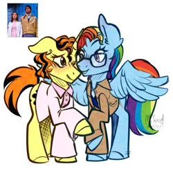 Size: 2700x2700 | Tagged: safe, artist:mitexcel, derpibooru import, rainbow dash, oc, oc:merille artienda, pegasus, pony, unicorn, crossdressing, crossover, female, horn, image, lesbian, nonbinary, orange mane, orange tail, png, ponysona, reference included, rocky horror picture show, ship:merilledash, tail, yellow coat